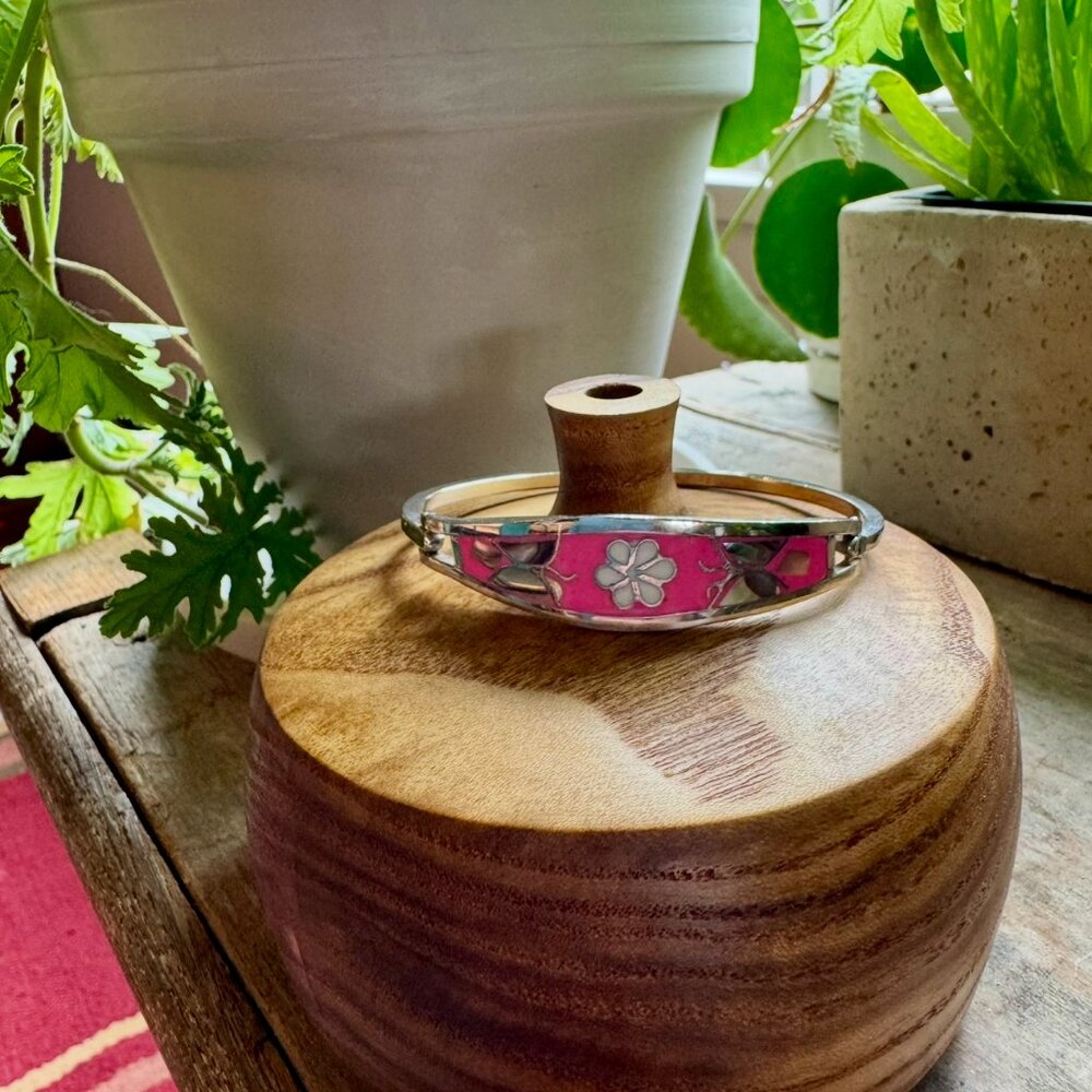 Bracelet - Vintage Alpaca Mexico Pink Inlay Floral Bangle Bracelet